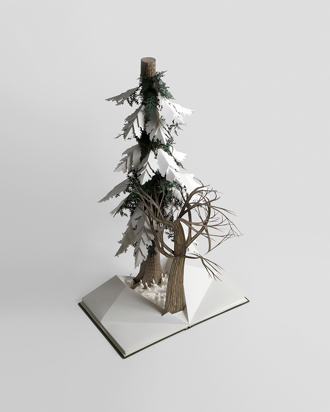 pop up book featuring pine tree in snow